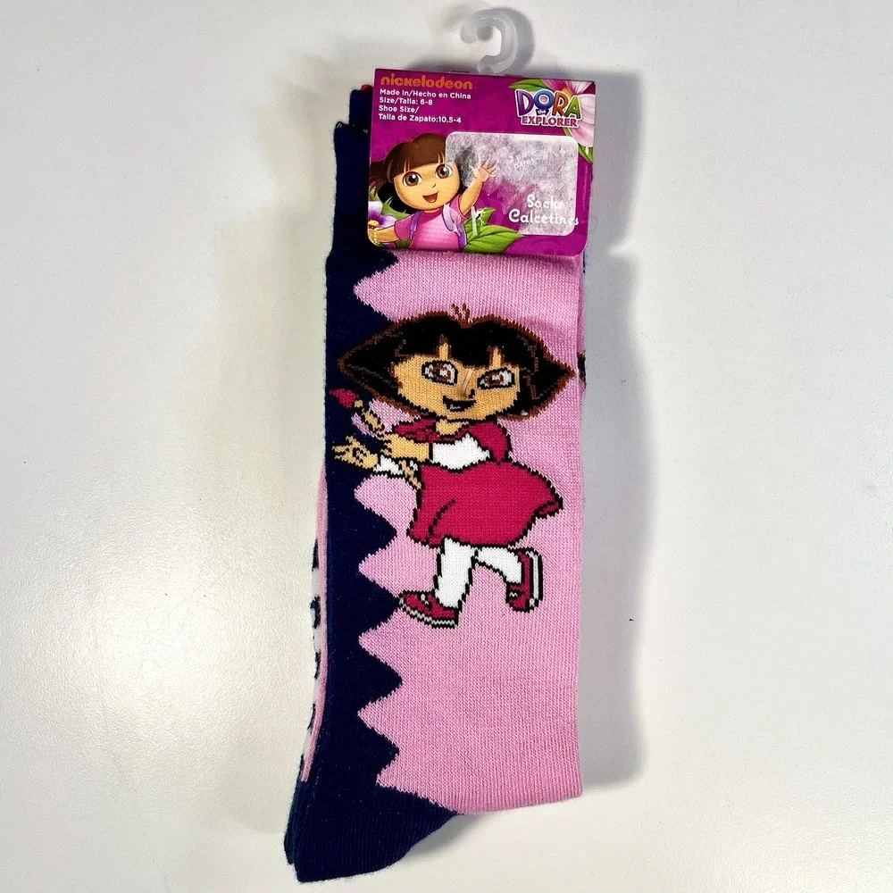 Nickelodeon Dora The Explorer & Boots Calf Socks Girls 6-8 Pink‎ Navy Pair/2 NWT
